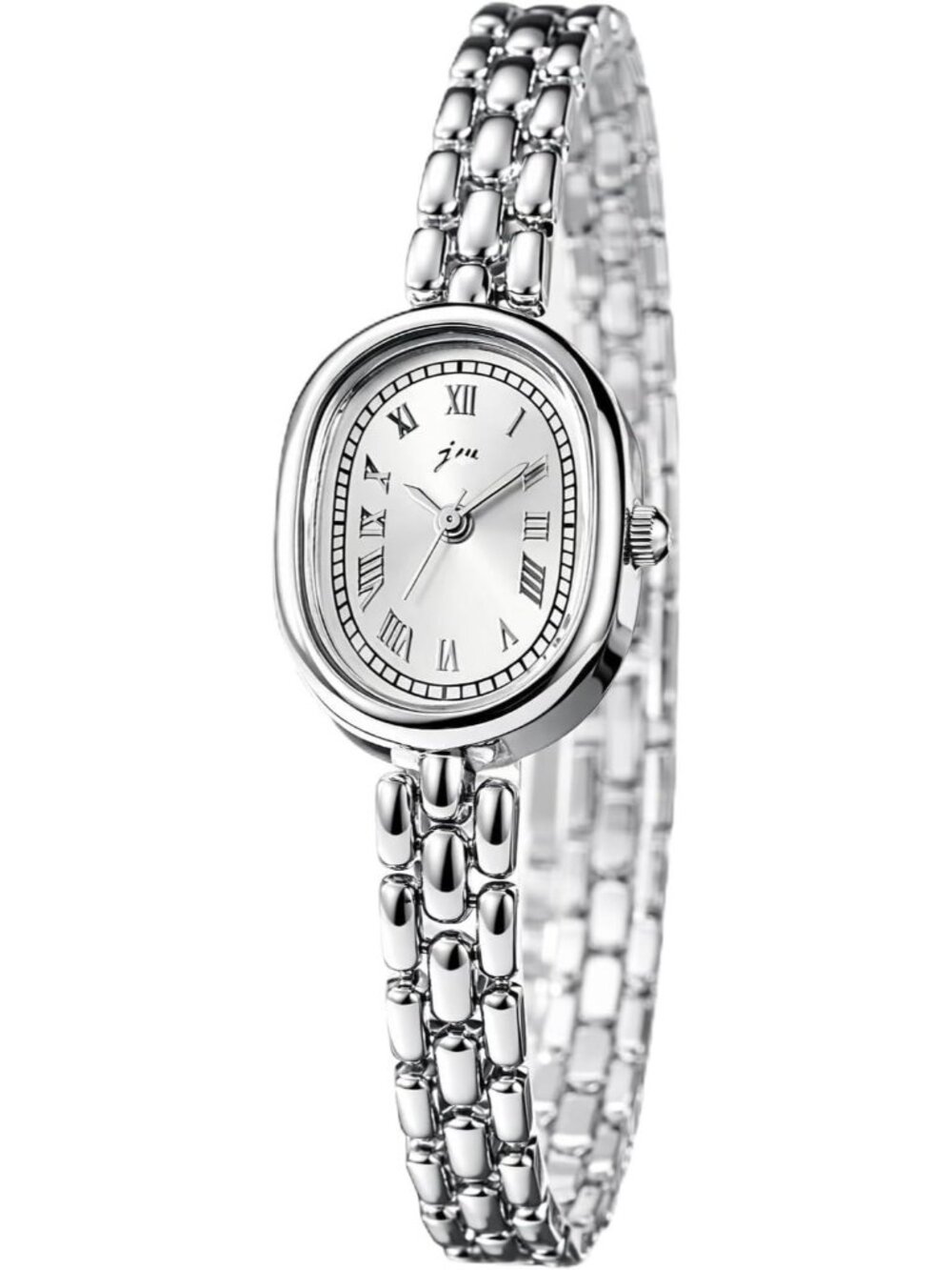 Women’s Silver Oval Bracelet Small Face Roman Numeral Quartz Buckle Watch
